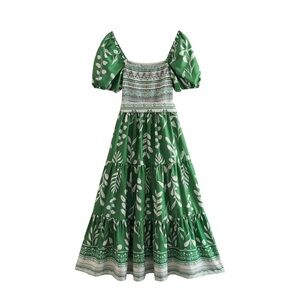 Green Floral Puff Sleeve Dress